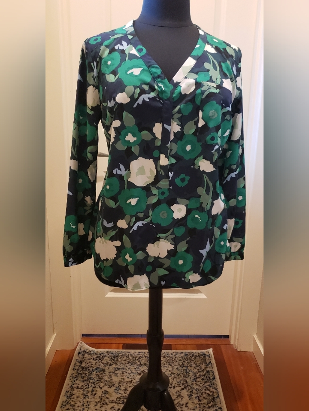 Merona V-Neck Floral Blouse in Green & Navy